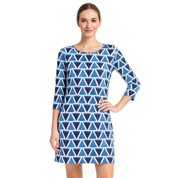 Jean-Pierre Small Klifa Daphne Blue and White Geometric Print Dress Artsy Silky - Picture 1 of 12